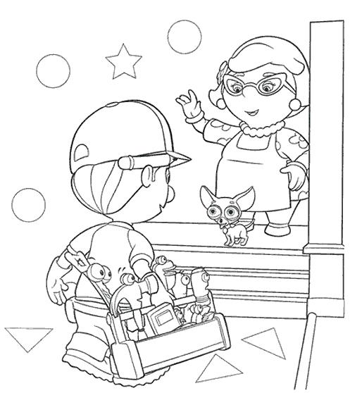 coloriage manny et ses outils vont depanner une dame